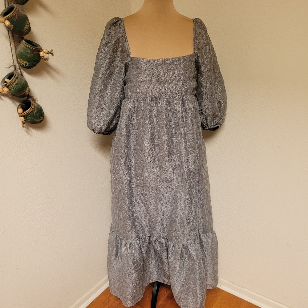 By Anthropologie Elegant Silver Textured Puff Sleeve Dress - Picture 3 of 7